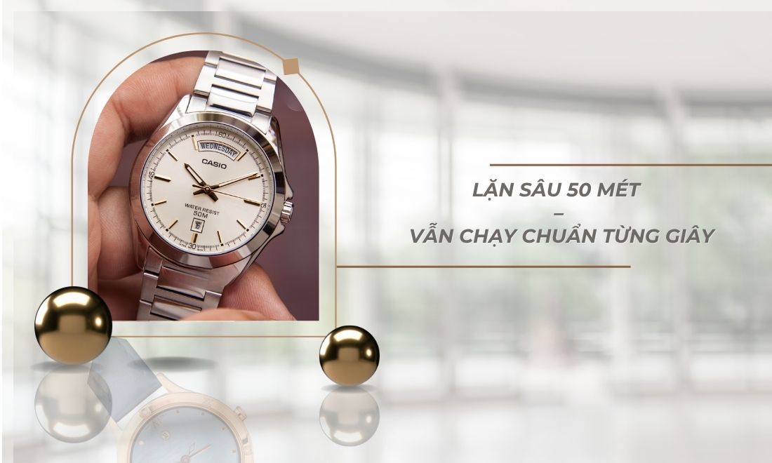 Đồng Hồ Casio MTP-1370D-9AVDF Dây Kim Loại, Giá Cạnh Tranh 15 Casio MTP-1370D-9AVDF có khả năng chống nước tốt ngay cả ở độ sâu 50 mét vẫn chạy chuẩn từng giây