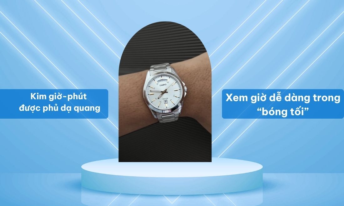 Casio MTP-1370D-7A2VDF có kim giờ và kim phút phủ dạ quang toàn bộ nên xem giờ dễ dàng trong bóng tối 