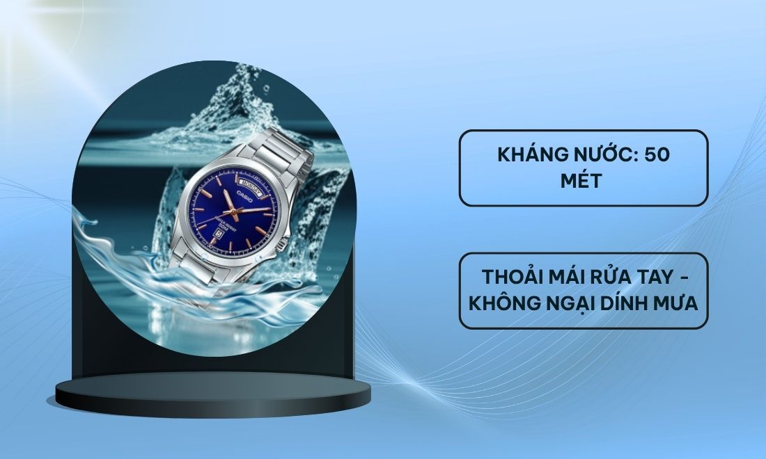 Casio Nam MTP-1370D-2AVDF Mặt Xanh Dương, Quartz Chính Hãng 12 Casio MTP-1370D-2AVDF dành cho nam có khả năng kháng nước tốt, không lo hỏng dù rơi xuống nước ở độ sâu 50 mét hay đi dưới trời mưa