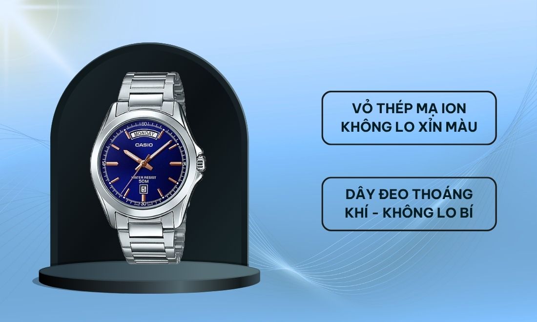 Casio Nam MTP-1370D-2AVDF Mặt Xanh Dương, Quartz Chính Hãng 10 Đồng hồ Casio Nam MTP-1370D-2AVDF Chính hãng có vỏe làm bằng thép mạ ion, không lo xỉn màu