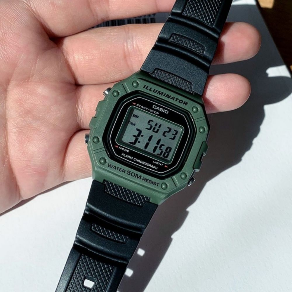 Casio W-218H-3AVDF kính nhựa