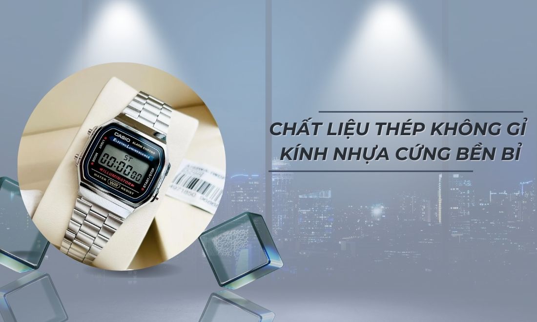 Đồng Hồ Điện Tử Unisex A168WA-1DF chính hãng 10 Chất liệu thép không gỉ và kính nhựa cứng bền bỉ
