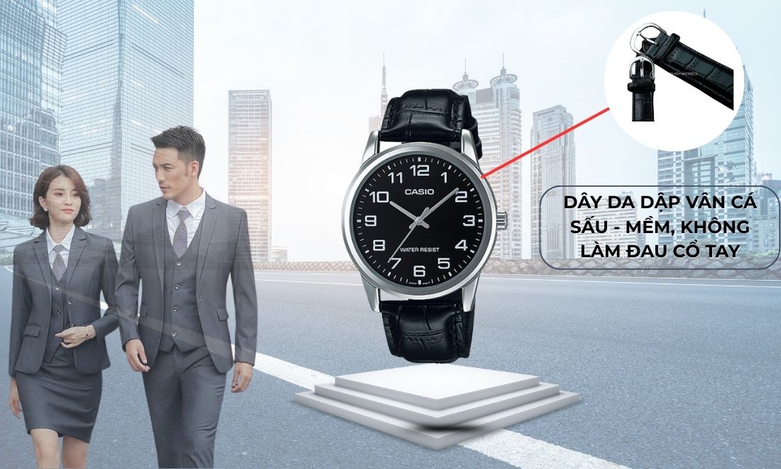 Đồng hồ Nam Casio MTP-V001L-1BUDF Dây Da, Cam Kết Chính Hãng 12 Phần dây đeo của Casio MTP-V001L-1BUDF là dây da dập vân cá sấu nên mềm, không gây đau cổ tay khi đeo
