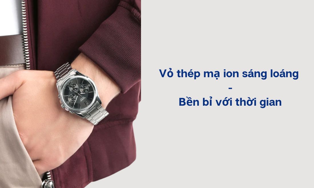 Casio MTP-1375D-1A Viền Khía, Sang Trọng 14 CASIO MTP-1375D-1A sở hữu phần vỏ được làm từ thép mạ ion nên luôn có vẻ ngoài sáng bóng và bền bỉ theo thời gian