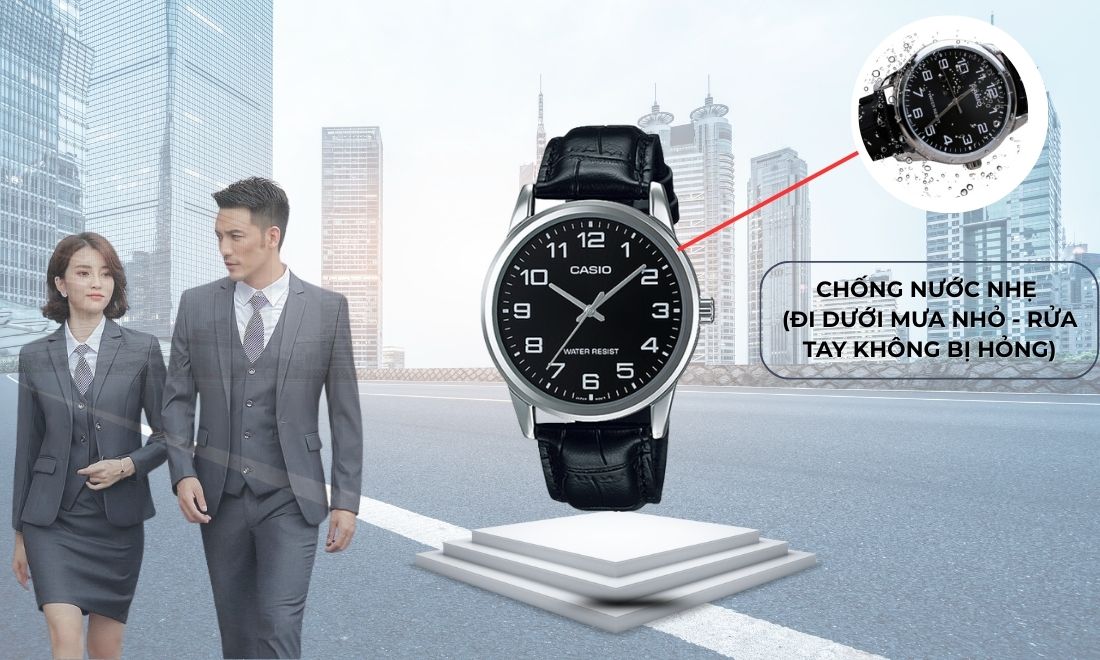 Đồng hồ Nam Casio MTP-V001L-1BUDF Dây Da, Cam Kết Chính Hãng 13 Casio MTP-V001L-1BUDF có khả năng chống nước ở mức cơ bản nên đi dưới trời mưa nhẹ hoặc rửa tay không lo hỏng hóc