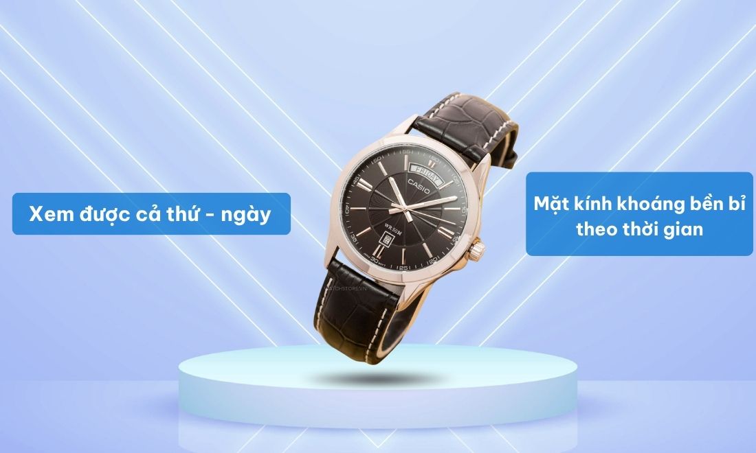 Casio Nam MTP-1381L-1AVDF xem được cả thứ và ngày, có mặt khoáng cứng, bền bỉ theo thời gian