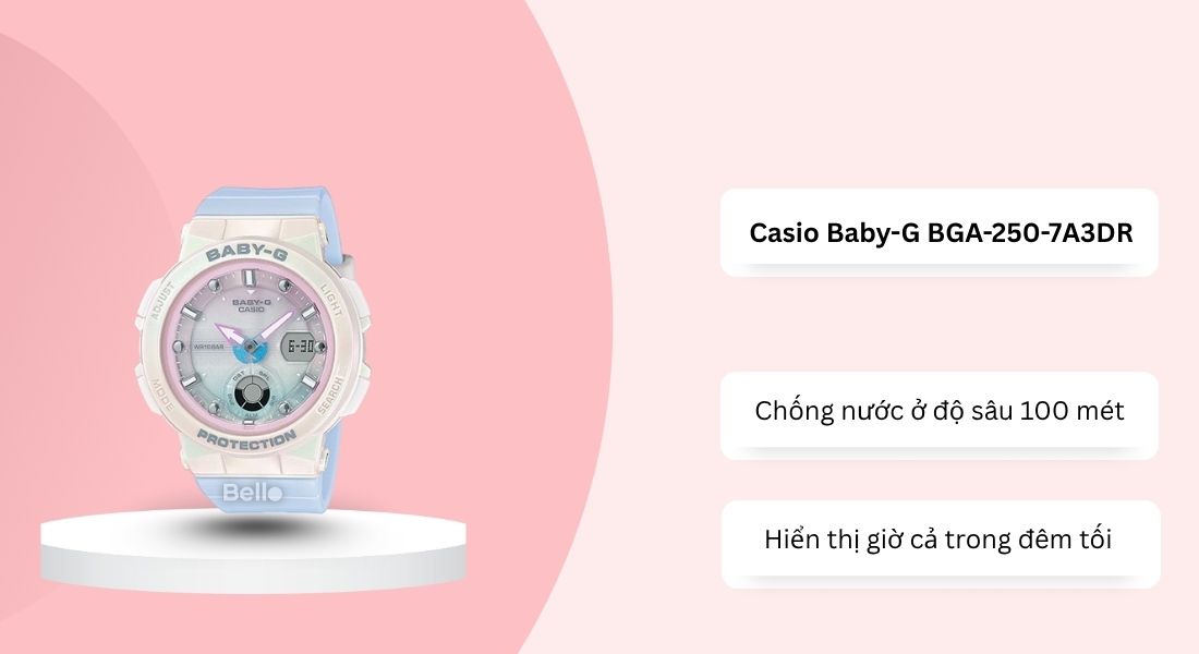 Casio Baby-G BGA-250-7A3DR có khả năng chống nước ở độ sâu 100m, hiển thị giờ cả ở trong bóng tối 