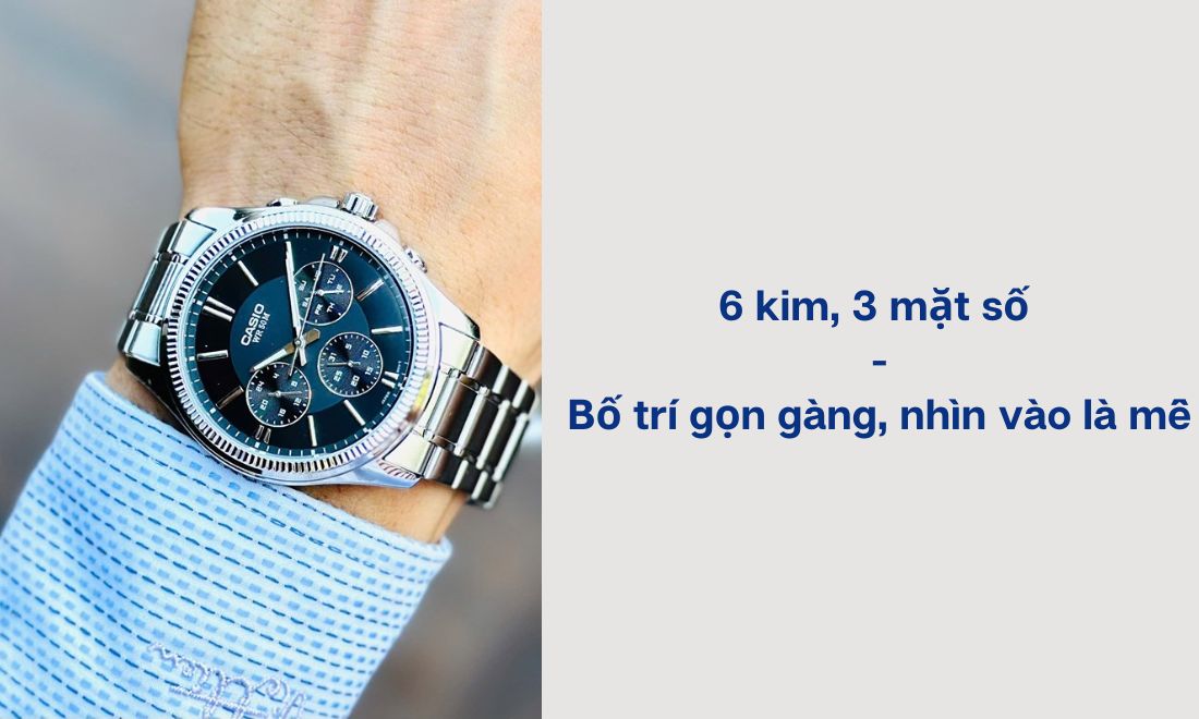Casio MTP-1375D-1A Viền Khía, Sang Trọng 13 Thiết kế 6 kim và 3 mặt số giúp CASIO MTP-1375D-1A mang vẻ ngoài sang trọng hơn