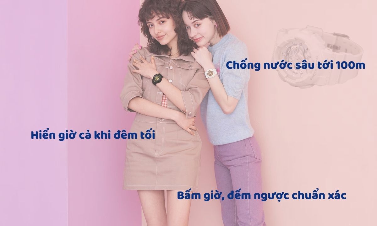 Baby-G BA-110-7A1DR còn có thể bấm giờ, đếm ngược, hiển thị giờ trong đêm tối và chống nước ngay ở độ sâu 100m