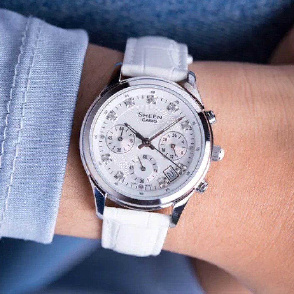 Casio SHE-5023L-7ADR Chính Hãng, Uy Tín 4 mặt số đồng hồ casio hiển thị lịch